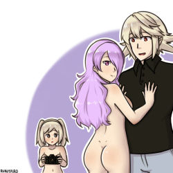 Rule 34 | 1boy, 2girls, ass, blonde hair, breasts, camera, camilla (fire emblem), clothed male nude female, completely nude, corrin (fire emblem), corrin (male) (fire emblem), covering privates, covering breasts, dual persona, fire emblem, fire emblem awakening, fire emblem fates, hair over one eye, long hair, lotion, multiple girls, navel, nintendo, nude, purple hair, robin (female) (fire emblem), robin (fire emblem), rukotaro, sand, short hair, twintails, white hair
