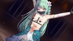 Rule 34 | 1girl, arms up, bite mark, blood, blue eyes, braid, breasts, character request, cuts, female focus, flower, flower on head, green hair, hair ornament, highres, injury, long hair, nipples, panties, pantyshot, restrained, ryona, solo, tears, torn clothes, torture, try robin x, underwear, very long hair