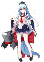 Rule 34 | 1girl, absurdly long hair, absurdres, allenes, black footwear, blue bow, blue eyes, blue hair, blue ribbon, blue skirt, bow, cannon, cherry blossoms, closed mouth, detached sleeves, dress, flower, full body, hair between eyes, hair flower, hair ornament, headgear, highres, large bow, light smile, loafers, long hair, looking at viewer, low-tied long hair, machinery, miniskirt, neckerchief, official art, petals, pleated skirt, red bow, remodel (warship girls r), ribbon, rigging, sailor collar, sailor dress, shirayuki (warship girls r), shirt, shoes, simple background, skirt, smokestack, solo, standing, thighhighs, torpedo, turret, very long hair, warship girls r, white background, white shirt, white thighhighs, wide sleeves, zettai ryouiki