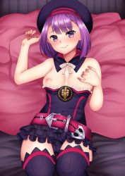 Rule 34 | 1girl, absurdres, belt, black dress, black hat, black thighhighs, blush, breasts, breasts out, clothes pull, detached collar, dress, dress pull, fate/grand order, fate (series), hat, helena blavatsky (fate), highres, looking at viewer, medium breasts, nipples, purple eyes, purple hair, short dress, short hair, smile, solo, thighhighs, thighs, utani (punishment)