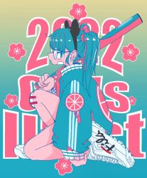 Rule 34 | 1girl, 2022, animal ears, aqua background, aqua eyes, aqua hair, aqua jacket, bandaid, bandaid on cheek, bandaid on face, bandaid on knee, bandaid on leg, baseball bat, black hairband, buttons, cherry blossoms, closed mouth, english text, fake animal ears, fila, food, from side, fruit, full body, glasses, gradient background, hairband, highres, holding, holding baseball bat, jacket, knee up, lemon, lemon slice, limited palette, long hair, long sleeves, looking at viewer, mickey mouse ears, nao97122, open clothes, open jacket, original, print jacket, round eyewear, shoes, sideways glance, sitting, sneakers, solo, text background, triple vertical stripe, twintails, white footwear