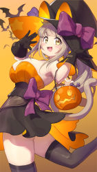 Rule 34 | 1girl, absurdres, animal ears, arukiru, bat (animal), black gloves, black skirt, black thighhighs, breasts, brown hair, candy, cleavage, commentary, english commentary, food, gloves, gradient background, halloween, highres, jack-o&#039;-lantern, large breasts, long hair, looking at viewer, open mouth, orange hair, original, skirt, solo, standing, standing on one leg, thighhighs, yellow eyes, zettai ryouiki