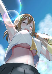 Rule 34 | 10s, 1girl, absurdres, arm up, blush, bread, breasts, brown hair, cloud, closed eyes, food, food on face, from below, highres, kunikida hanamaru, large breasts, lens flare, long hair, love live!, love live! sunshine!!, midriff, navel, noppo bread, open mouth, outdoors, sasapoliton, school uniform, skirt, sky, smile, solo, standing, underboob, upshirt, uranohoshi school uniform
