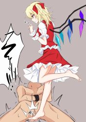 Rule 34 | 1boy, 1girl, ball busting, barefoot, bdsm, blonde hair, bound, bound arms, cbt, clothed female nude male, crotch kick, crystal, feet, femdom, flandre scarlet, from side, looking at another, no headwear, nude, parted lips, petticoat, profile, puffy short sleeves, puffy sleeves, red eyes, red skirt, red vest, short sleeves, side ponytail, skirt, skirt set, solo focus, stepping, testicles, touhou, vest, watarase piro, wings, wrist cuffs