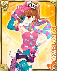 Rule 34 | 1girl, amari akari, asymmetrical gloves, asymmetrical legwear, bracelet, brown hair, card, character name, closed mouth, english text, fingerless gloves, girlfriend (kari), gloves, jewelry, makeup, mismatched gloves, mismatched legwear, navel, official art, pink corset, ponytail, qp:flapper, red eyes, shorts, skull and crossbones, smile, spiked boots, spiked bracelet, spikes, stitching, tagme, tongue, v