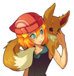 Rule 34 | 1girl, 4chan, blue eyes, creatures (company), dawn (pokemon), dismay, dismay (pokemon), eevee, fusion, game freak, gen 1 pokemon, hat, lowres, may (pokemon), misty (pokemon), nintendo, orange hair, pokemon, pokemon (creature), simple background, smile, white background