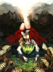Rule 34 | 1girl, arms up, ascot, building, cityscape, female focus, flower, green hair, kazami yuuka, ken (coffee michikusa), looking at viewer, lying, on back, plaid, plaid skirt, plaid vest, red eyes, ruins, scenery, short hair, skirt, skirt set, solo, thighs, touhou, vest, water