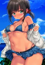 Rule 34 | 1girl, adapted costume, bare shoulders, beach, bikini, bikini under clothes, black hair, blue bikini, blue sky, blurry, blush, breasts, cloud, collarbone, commentary request, covered erect nipples, cowboy shot, cropped, day, dress, fubuki (kancolle), green eyes, hair ornament, hair scrunchie, halterneck, highleg, jacket, kantai collection, long sleeves, looking at viewer, medium breasts, navel, nijimoto hirok, ocean, off shoulder, open clothes, open jacket, outdoors, parted lips, polka dot, polka dot bikini, polka dot scrunchie, scrunchie, short ponytail, skindentation, skirt, sky, solo, standing, stomach, string bikini, sweat, sweatdrop, swimsuit, swimsuit under clothes, tan, underboob, water, white jacket