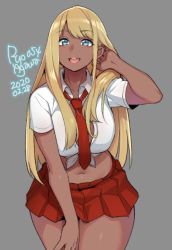 Rule 34 | 1girl, 2020, agawa ryou, arm up, blonde hair, blue eyes, breasts, commentary, cowboy shot, dark-skinned female, dark skin, dated, ganguro, grey background, hand in own hair, hand to head, large breasts, long hair, looking at viewer, midriff, miniskirt, navel, necktie, open mouth, original, pleated skirt, red necktie, red skirt, round teeth, school uniform, shirt, short sleeves, signature, simple background, skirt, smile, solo, teeth, thick thighs, thighs, tied shirt, white shirt, wide hips