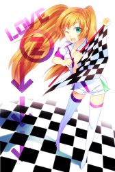 Rule 34 | 1girl, ;d, aqua eyes, arrow (symbol), bad id, bad pixiv id, blonde hair, boots, checkered flag, checkered floor, flag, floor, hitohira (shiroringo48), kirarin (pop&#039;n music), long hair, one eye closed, open mouth, pop&#039;n music, smile, solo, standing, thigh boots, thighhighs, twintails, white thighhighs, wink