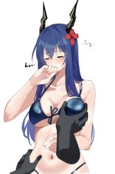 Rule 34 | 1girl, 1other, arknights, bare arms, bare shoulders, bikini, blue bikini, blue hair, blush, breasts, ch&#039;en (arknights), ch&#039;en the holungday (arknights), closed eyes, commentary request, disembodied limb, dragon horns, flower, grabbing, grabbing another&#039;s breast, hair flower, hair ornament, highres, horns, large breasts, lily0428, navel, red flower, simple background, solo focus, stomach, swimsuit, upper body, white background