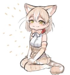 Rule 34 | 10s, 1girl, :i, animal ear fluff, animal ears, bad id, bad twitter id, bare shoulders, belt, blush, bow, bowtie, cat (kemono friends), cat ears, cat girl, cat tail, collar, commentary request, dnsdltkfkd, elbow gloves, extra ears, gloves, green eyes, hands on lap, high-waist skirt, kemono friends, korean clothes, light brown hair, multicolored hair, no shoes, photo-referenced, seiza, short hair, sitting, skirt, sleeveless, solo, tail, thighhighs, white hair