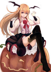 Rule 34 | 10s, 1girl, bad id, bat wings, black skirt, black thighhighs, blonde hair, breasts, detached sleeves, fang, gloves, granblue fantasy, halloween, head wings, highres, jack-o&#039;-lantern, knees up, long hair, long sleeves, looking at viewer, lumo 1121, multicolored eyes, necktie, parted lips, pointy ears, puffy long sleeves, puffy sleeves, pumpkin, red eyes, revision, shingeki no bahamut, sidelocks, simple background, sitting, skirt, small breasts, smile, solo, thighhighs, vampy, white background, white gloves, wings, yellow eyes