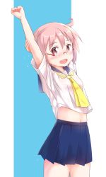 Rule 34 | 1girl, arms up, blush, check commentary, commentary, commentary request, dripping, flying sweatdrops, glasses, highres, looking at viewer, midriff, miniskirt, navel, nonohara yuzuko, open mouth, pink eyes, pink hair, sailor collar, scarf, school uniform, serafuku, short hair, simple background, skirt, smile, stretching, sweat, sweaty clothes, thighs, yellow scarf, yuukin, yuyushiki