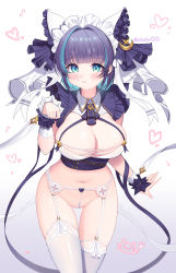 Rule 34 | 1girl, :&lt;, :i, absurdres, animal print, arm at side, azur lane, black hair, blue hair, blunt bangs, blush, bow, breasts, cat print, cheshire (azur lane), cleavage, closed mouth, commentary request, frills, garter belt, garter straps, green eyes, groin, hand up, heart, highres, large breasts, lingerie, looking at viewer, maid headdress, multicolored hair, navel, paw print, pearl thong, pout, puffy short sleeves, puffy sleeves, revealing clothes, ribbon, short hair, short sleeves, simple background, skindentation, solo, standing, stomach, streaked hair, tagme, thighhighs, thighs, two-tone hair, underwear, white background, white ribbon, white thighhighs, wrist cuffs, yuri (chocho q)
