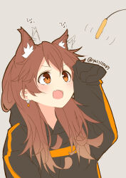 1girl animal_ear_fluff animal_ears black_hoodie brown_hair cat_ears cattail double-parted_bangs earrings fang grey_background hair_between_eyes highres hikari_yui hood hood_down hoodie jewelry long_hair long_sleeves looking_at_object open_mouth plant re:act shishigami_leona single_vertical_stripe sleeves_past_fingers sleeves_past_wrists solo twitter_username upper_body virtual_youtuber