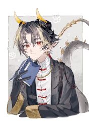 Rule 34 | 1boy, arknights, book, brown hair, chong yue (arknights), closed mouth, commentary request, dragon boy, dragon horns, dragon tail, earrings, grey hair, hair between eyes, highres, holding, holding book, horns, jewelry, long sleeves, looking at viewer, male focus, multicolored hair, open book, open clothes, paris708, parted bangs, pointy ears, red eyes, shirt, sleeves past wrists, smile, solo, streaked hair, tail, white shirt, wide sleeves
