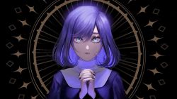 Rule 34 | 1girl, bad id, bad twitter id, black nails, blue eyes, character request, hair between eyes, highres, indie utaite, kamato il, looking at viewer, medium hair, mira (vocaloid), nail polish, own hands together, purple hair, shadow, solo, upper body, utaite, vocaloid