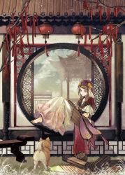 Rule 34 | 1girl, architecture, bamboo scroll, barefoot, bench, blue eyes, braid, braided bangs, brown hair, capelet, commentary request, dog, dress, east asian architecture, grass, headdress, highres, long hair, original, red capelet, sitting, takeda hotaru, traditional clothes, white dress, wide shot