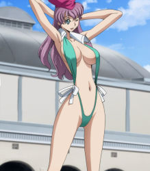 Rule 34 | 00s, 1girl, aqua one-piece swimsuit, armpits, breasts, code geass, hat, large breasts, long hair, meeya hillmick, navel, one-piece swimsuit, one eye closed, pink hat, purple eyes, purple hair, screencap, slingshot swimsuit, solo, stitched, swimsuit, third-party edit, underboob, wink
