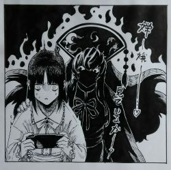 Rule 34 | 2girls, aura, chinese clothes, commentary request, gloom (expression), greyscale, handheld game console, highres, hime cut, houraisan kaguya, junko (touhou), long hair, monochrome, multiple girls, nib pen (medium), playstation portable, sendai (nazonomono), shaded face, sweat, touhou, traditional media, translation request, triangle mouth