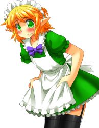 Rule 34 | 1girl, alternate costume, apron, bad id, bad pixiv id, bent over, black thighhighs, blonde hair, blush, bow, dress, enmaided, garter straps, green dress, green eyes, highres, maid, maid apron, maid headdress, mizuhashi parsee, mono (moiky), pointy ears, puffy short sleeves, puffy sleeves, short sleeves, simple background, solo, thighhighs, touhou, transparent background, wavy mouth, zettai ryouiki