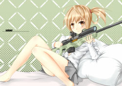 Rule 34 | 1girl, :o, barefoot, blush, bolt action, brown eyes, brown hair, gun, iris (material sniper), material sniper, off shoulder, open clothes, open shirt, original, pillow, rifle, scope, shirt, side ponytail, sniper rifle, solo, weapon