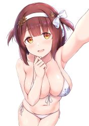 Rule 34 | 1girl, arm up, armpits, bikini, blush, breasts, brown hair, cai geng, cowboy shot, front-tie bikini top, front-tie top, hair ornament, hair ribbon, hairband, hand to own mouth, highres, large breasts, navel, open mouth, ribbon, shiny skin, short hair, side-tie bikini bottom, simple background, smile, solo, string bikini, swimsuit, two side up, white background, white bikini, yellow eyes, you can eat the girl