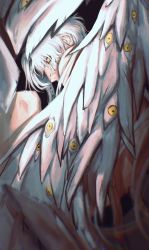 Rule 34 | 1boy, black tears, crying, crying with eyes open, emet-selch, extra eyes, eyelashes, closed eyes, feathered wings, final fantasy, final fantasy xiv, highres, long hair, looking at viewer, male focus, nude, painterly, solo, tears, tyt tham, veins, white hair, wings, yellow eyes
