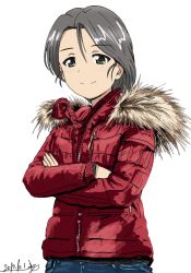 Rule 34 | 10s, 1girl, artist name, bukkuri, casual, closed mouth, coat, crossed arms, dated, freckles, fur-trimmed coat, fur trim, girls und panzer, grey eyes, grey hair, hood, hooded coat, long hair, looking at viewer, parted bangs, piyotan (girls und panzer), ponytail, signature, simple background, smile, solo, standing, upper body, white background