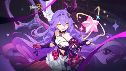 Rule 34 | 1girl, :d, bad source, bare shoulders, breasts, detached sleeves, dress, fingerless gloves, gloves, hair between eyes, highres, honkai (series), honkai impact 3rd, logo, long hair, official art, open hand, open mouth, pink gloves, purple hair, scissors, sirin, sirin (miracle magical girl), skirt, small breasts, smile, solo, star (symbol), upper body, very long hair, weapon, white skirt, yellow eyes