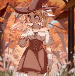 Rule 34 | 1girl, animal ear fluff, autumn leaves, bag, bare shoulders, blonde hair, blush, brown eyes, brown headwear, collarbone, commentary, cudlil, cudlil (character), english commentary, fingerless gloves, forest, gloves, hair ribbon, hat, high-waist skirt, highres, holding, holding bag, jewelry, looking down, nature, necklace, off-shoulder shirt, off shoulder, original, ponytail, ribbon, shirt, skirt, solo, surprised, walking, white gloves, white ribbon, white shirt, witch hat
