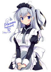 Rule 34 | 1girl, alternate costume, apron, artist logo, artist name, black dress, black headwear, blue eyes, commentary request, dated, dress, enmaided, frilled apron, frills, grey neckerchief, kantai collection, long hair, looking at viewer, maid, maid headdress, neckerchief, odawara hakone, one-hour drawing challenge, one side up, silver hair, simple background, smile, solo, suzutsuki (kancolle), tray, white apron, white background