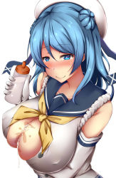 Rule 34 | 1girl, arm under breasts, bad id, bad pixiv id, bare shoulders, beret, blue eyes, blue hair, blush, bottle, breast hold, breasts, button gap, closed mouth, collarbone, covered erect nipples, cum, cum on body, cum on breasts, cum on upper body, double bun, elbow gloves, female focus, gloves, hair between eyes, hair bun, hat, heart, heart in eye, highres, holding, holding bottle, kantai collection, large breasts, long hair, looking at viewer, lotion, lotion bottle, neckerchief, nose blush, partially unbuttoned, sailor hat, school uniform, serafuku, simple background, sleeves rolled up, smile, solo, symbol in eye, terakoya, upper body, urakaze (kancolle), white background, white gloves, white hat, yellow neckerchief