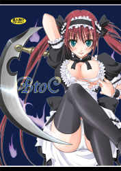 Rule 34 | :p, airi (queen&#039;s blade), areola slip, blue eyes, breasts, long hair, maid, maid headdress, mori marimo, panties, queen&#039;s blade, red hair, ribbon, scythe, thighhighs, tongue, tongue out, torn clothes, twintails, underwear, upskirt