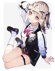 Rule 34 | 1girl, absurdres, arm support, arm up, black footwear, black jacket, black nails, black skirt, bow, bowtie, choker, collared shirt, commentary request, from above, grey hair, grin, highres, jacket, kayahara, leg belt, loafers, long hair, long sleeves, looking at viewer, miniskirt, nail polish, one side up, open clothes, open jacket, original, pink eyes, raglan sleeves, shirt, shoes, sidelocks, simple background, sitting, skirt, smile, socks, solo, striped bow, striped bowtie, striped clothes, striped neckwear, thighs, v, white background, white shirt, white socks, yokozuwari