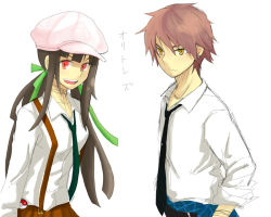 Rule 34 | brown hair, cabbie hat, hair ribbon, hat, long hair, necktie, poke ball, pokemon, red eyes, ribbon, skirt, smile, suspenders, translation request, twintails, yellow eyes