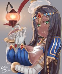 Rule 34 | 1girl, b.d, between breasts, black hair, breasts, bridal gauntlets, caster of the nocturnal castle, circlet, dark skin, dark-skinned female, dated, fate/grand order, fate (series), green eyes, grey background, jewelry, lantern, large breasts, lips, long hair, necklace, scheherazade (fate), scroll, signature, solo, staff