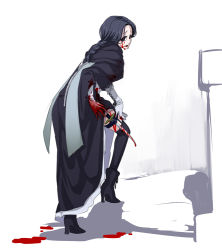 Rule 34 | 1girl, adella the nun, black hair, blood, blood on face, bloodborne, bloody weapon, braid, garter straps, gloves, gradient background, high heels, knife, murai shinobu, nun, open mouth, ponytail, single braid, smile, solo, spoilers, thighhighs, weapon, yandere