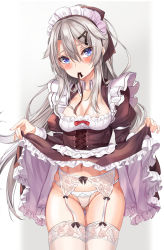 Rule 34 | 1girl, 9a-91 (girls&#039; frontline), absurdres, apron, blue eyes, breasts, clothes lift, dress, dress lift, frilled apron, frills, garter belt, girls&#039; frontline, highres, juliet sleeves, lifted by self, long hair, long sleeves, maid, maid headdress, official alternate costume, panties, ponytail, puffy sleeves, silver hair, small breasts, so myeolchi, solo, thighhighs, underwear, waist apron, white apron, white panties, white thighhighs
