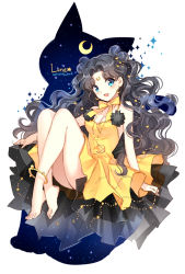 Rule 34 | 1girl, anklet, barefoot, bishoujo senshi sailor moon, black hair, blue eyes, blush, bow, breasts, character name, cleavage, crescent, crescent facial mark, crescent moon, crescent necklace, dated, double bun, dress, earrings, facial mark, full body, hair bun, jewelry, long hair, looking at viewer, luna (sailor moon), luna (sailor moon) (human), moon, nardack, necklace, personification, sketch, smile, yellow bow