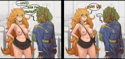 1boy 1girl breasts dddoodles dialogue_box english_text green_eyes highres joselyn_burger long_hair naked_skirt nipples orange_hair skirt smile space_station_14