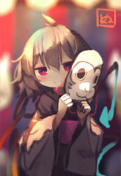 Rule 34 | 1girl, absurdres, ahoge, alternate costume, asymmetrical wings, black hair, black kimono, blue wings, blurry, blurry background, chii (tsumami tsumamare), closed mouth, highres, holding, holding mask, houjuu nue, japanese clothes, kimono, long sleeves, looking at viewer, mask, monkey mask, red eyes, red wings, sash, short hair, smile, solo, touhou, upper body, wide sleeves, wings