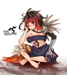 Rule 34 | 00s, 1girl, bandages, barefoot, blush, breasts, brown hair, cleavage, female focus, final fantasy, final fantasy x, full body, gender request, genderswap, grin, headband, jecht, large breasts, long hair, navel, oshiruko (tsume), red eyes, sitting, smile, solo, tattoo, torn clothes