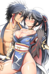 Rule 34 | 1boy, 1girl, alternate hairstyle, bad id, bad pixiv id, black hair, blue gloves, blush, breasts, choker, cleavage, closed mouth, folks (nabokof), gloves, japanese clothes, kimono, large breasts, long hair, looking at another, obi, official alternate costume, pelvic curtain, ponytail, red eyes, rokurou rangetsu, sash, shiny skin, smile, tales of (series), tales of berseria, thighs, velvet crowe, white background, yellow eyes