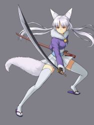 Rule 34 | 1girl, animal ears, bell, blue hair, blunt bangs, brown gloves, closed mouth, fingerless gloves, floating hair, foreshortening, fox ears, fox tail, full body, fur trim, gloves, grey background, holding, holding sword, holding weapon, jacket, jingle bell, long hair, long sleeves, looking at viewer, low twintails, maritan (pixelmaritan), obi, original, pleated skirt, purple jacket, red eyes, sandals, sash, scabbard, sheath, simple background, skirt, smile, solo, standing, sword, tabi, tail, thighhighs, twintails, v-shaped eyebrows, weapon, white thighhighs, zettai ryouiki