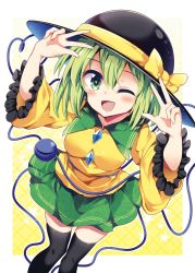 Rule 34 | 1girl, black hat, black thighhighs, bow, breasts, commentary request, double v, floral print, frilled sleeves, frills, green eyes, green hair, green skirt, hat, hat bow, heart, heart-shaped pupils, highres, komeiji koishi, long sleeves, looking at viewer, maturiuta sorato, medium breasts, miniskirt, one eye closed, open mouth, shirt, skirt, smile, solo, symbol-shaped pupils, thighhighs, touhou, v, wide sleeves, yellow bow, yellow shirt