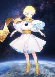 Rule 34 | 1boy, baggy clothes, blonde hair, blue eyes, blush, bright pupils, earth (planet), fate/grand order, fate (series), floating, full body, glowing, gradient hair, looking at viewer, male focus, multicolored hair, noco (adamas), official art, open mouth, parted bangs, planet, robe, scarf, short sleeves, simple background, sky, smile, solo, space, star (sky), star (symbol), starry background, starry sky, voyager (fate), voyager (first ascension) (fate), yellow scarf