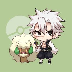 Rule 34 | 1boy, bad id, bad pixiv id, belt, black jacket, black pants, character request, chibi, closed mouth, creatures (company), crossover, facial scar, game freak, green background, grey eyes, grey hair, hair between eyes, holding, holding poke ball, jacket, katana, kimetsu no yaiba, long sleeves, male focus, maodouzi, nintendo, open clothes, open jacket, pants, poke ball, poke ball symbol, pokemon, pokemon (creature), puffy pants, quick ball, scar, scar on cheek, scar on chest, scar on face, scar on forehead, shinazugawa sanemi, standing, sword, weapon, white belt, white footwear, wide sleeves