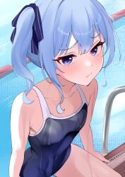Rule 34 | 1girl, alternate costume, blue eyes, blue hair, blue one-piece swimsuit, blue ribbon, blush, breasts, covered navel, fawny, frown, hair ribbon, highres, hololive, hoshimachi suisei, looking at viewer, one-piece swimsuit, pool, ribbon, sitting, small breasts, solo, star (symbol), star in eye, swimsuit, symbol in eye, virtual youtuber, wet, wet clothes, wet swimsuit